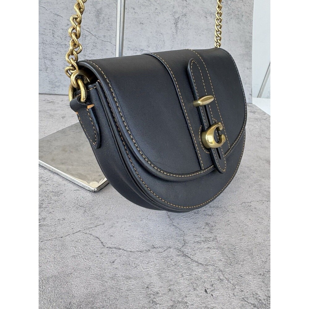 COACH Saddle 20 Logo C Black Handbag Glovetanned Leather Crossbody Bag - Picture 8 of 9